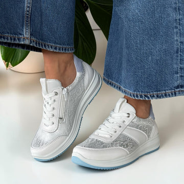 Womens Ara Osaka White and Silver Snake Print Inside Zip Trainers - White and Silver