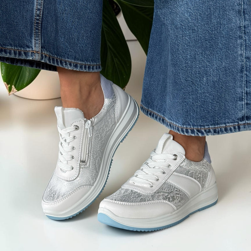 Womens Ara Osaka White and Silver Snake Print Inside Zip Trainers - White and Silver