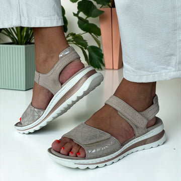 Womens Ara Tampa Beige Metallic Geometric Velcro Strap Sandals - Beige
