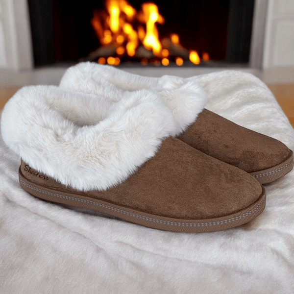Womens Skechers Cozy Campfire Knit Faux Fur Trim Slippers - Chestnut-Brown