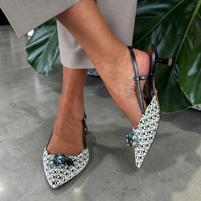 Womens Tamaris 29512 Navy Tweed Slingback Kitten Heels - Blue Combi