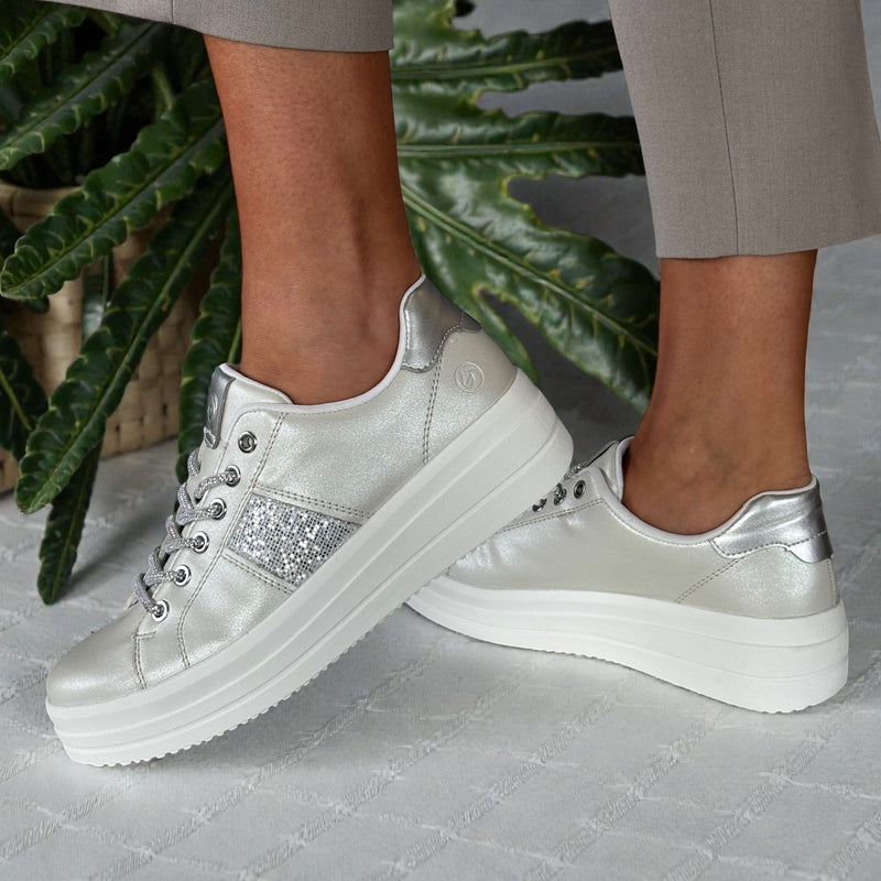 Womens Remonte D1C10 White Pearlized Bungee Lace Trainer - White Pearlized