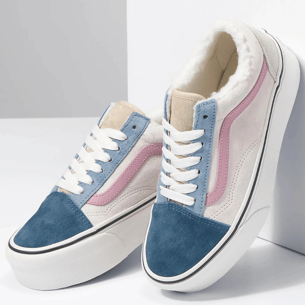 Vans Womens Old Skool Stackform Suede Sherpa - Multi Cream Pink Blue - Cream Pink Blue
