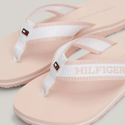 Womens Tommy Hilfiger Monotype Webbing Strap Flip Flops - Ecru Whimsy Pink