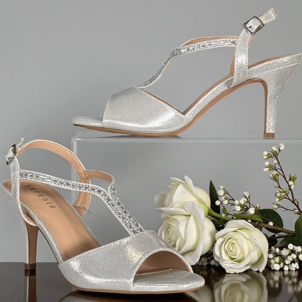 Womens Sorento Thaxton Diamante T-Bar Peep Toe Heels - Silver Gems