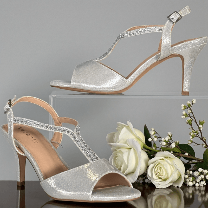 Womens Sorento Thaxton Diamante T-Bar Peep Toe Heels - Silver Gems