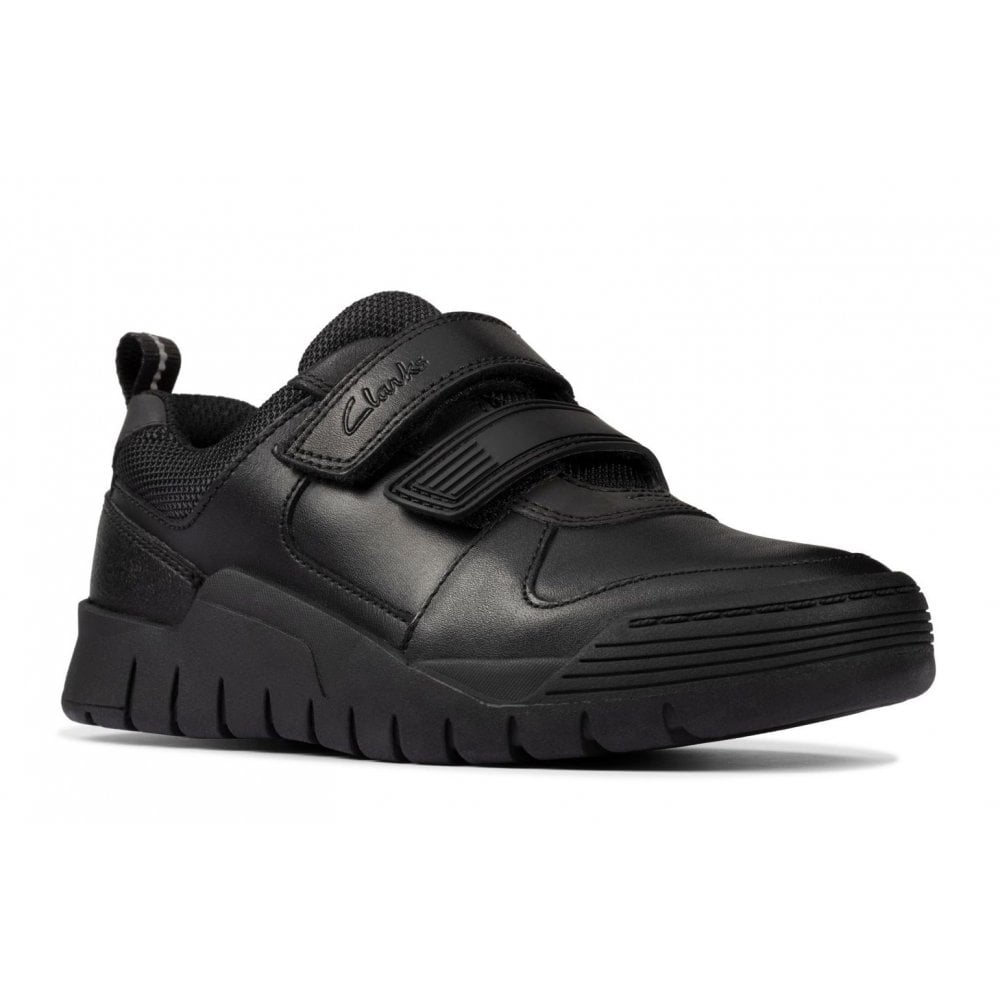 Infant Clarks Scooter Speed Boys Velcro School Shoe - Black Leather