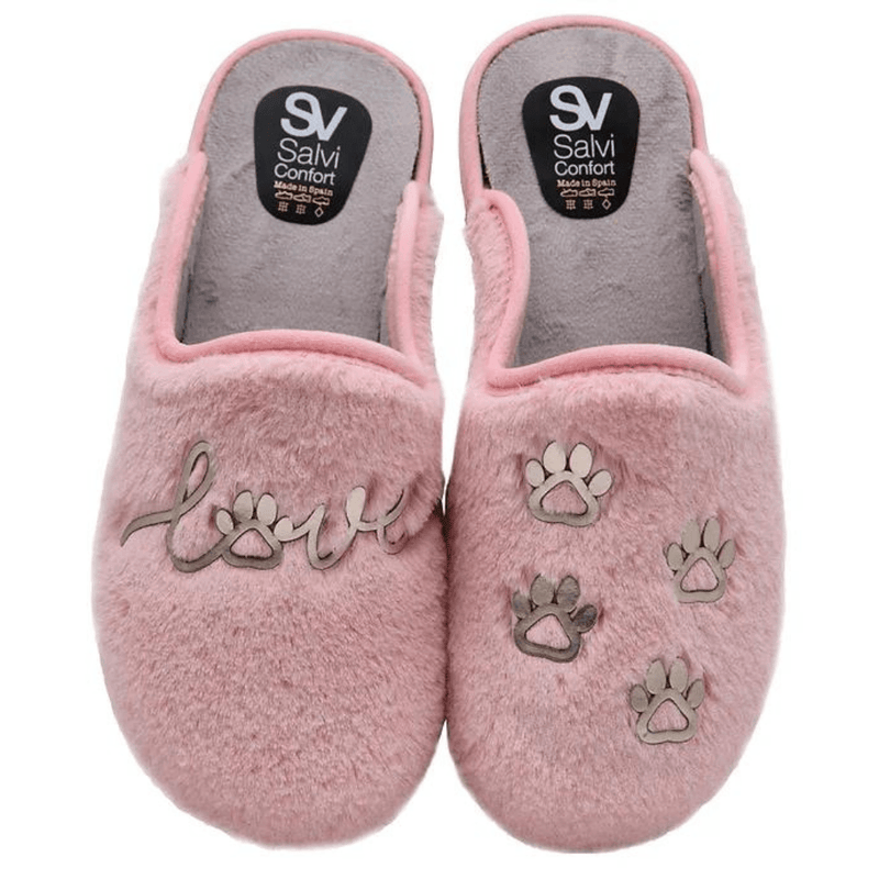 Womens Salvi Confort 01S Pink Paw Print Mule Slippers - Pink