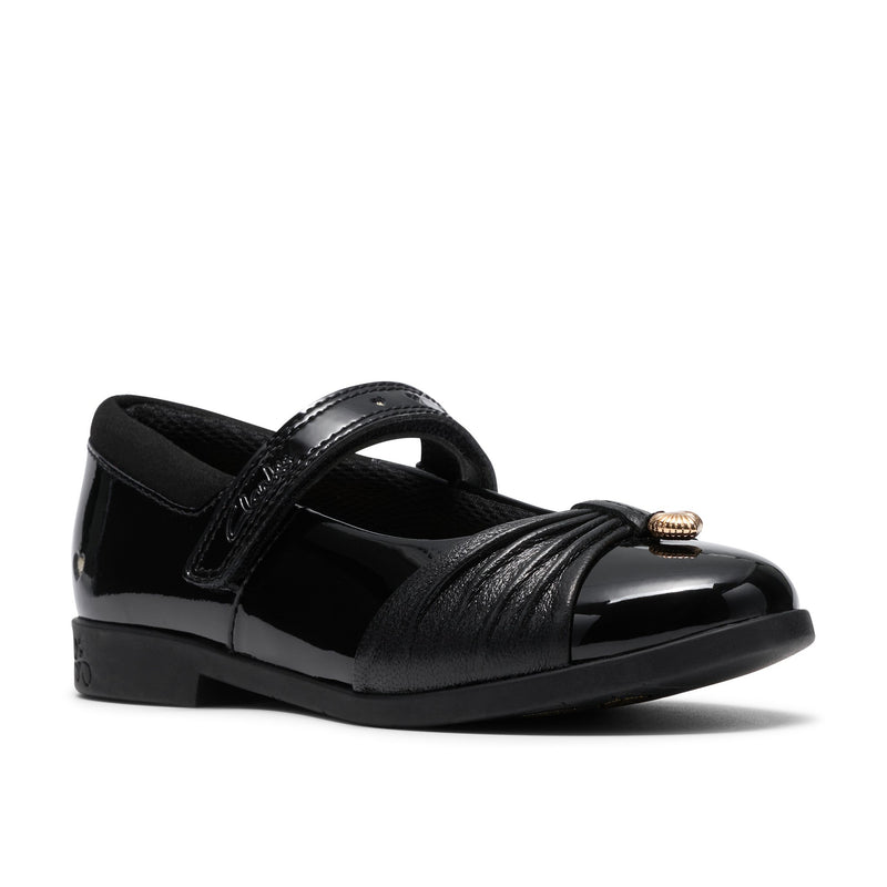 Girls Clarks Lock Gem Kid Black Patent School Shoes - Black Patent
