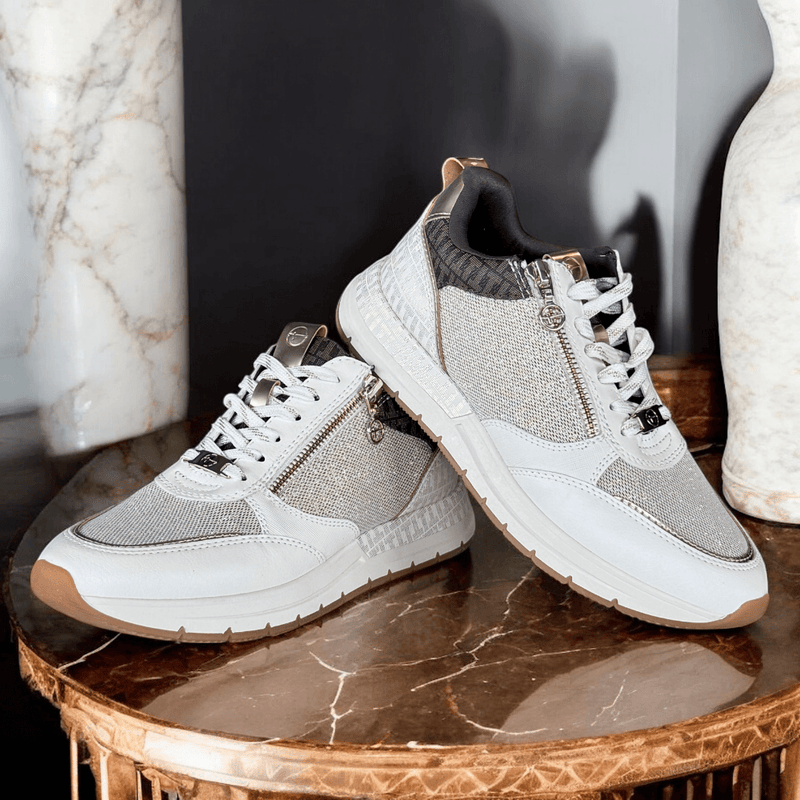 Womens Tamaris 23732 Wedge Side Zip Monogram Trainers - Ivory Combi