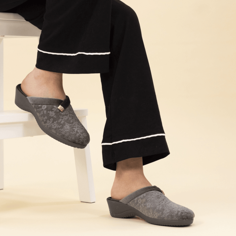 Womens Lunar Amaretto Floral Wedge Mule Slippers - Grey
