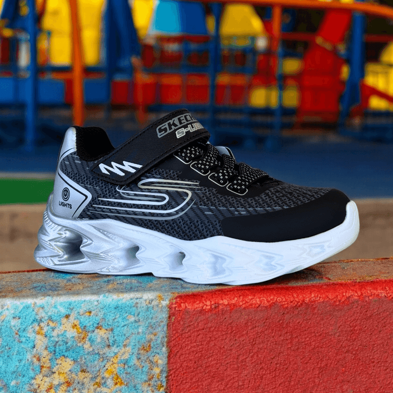 Skechers Boys S Lights Vortex 2.0 Black and Silver Trainers - Black