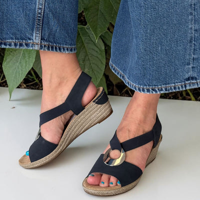 Womens Rieker 624H6 Navy Circle Brooch Wedge Sandals - Navy