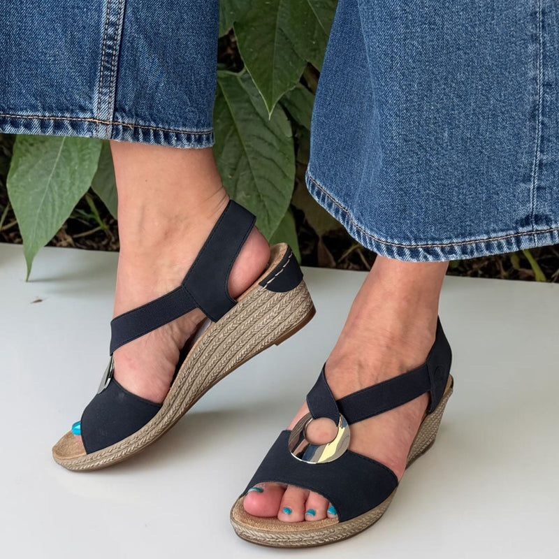 Womens Rieker 624H6 Navy Circle Brooch Wedge Sandals - Navy