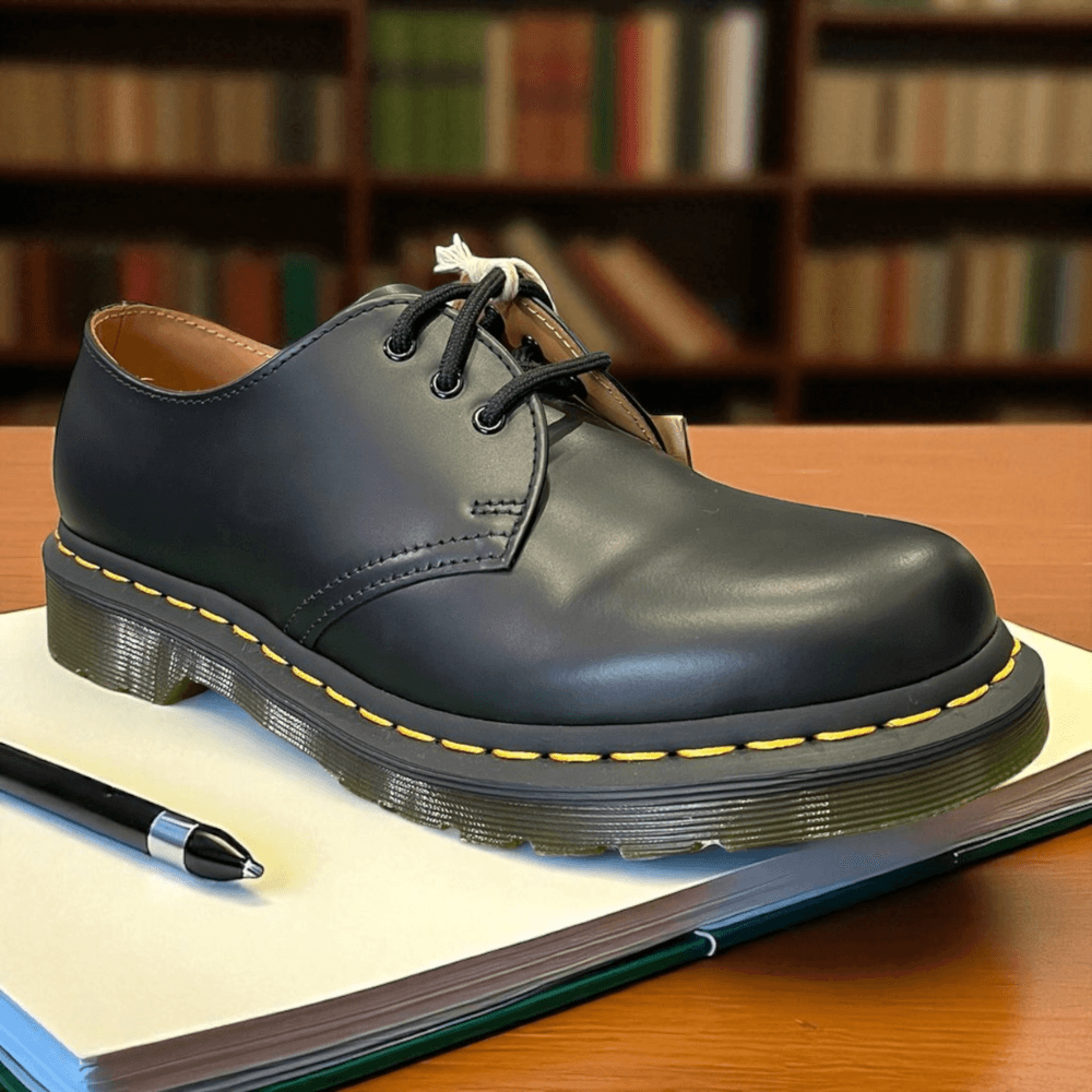 Dr Martens 1461 Black Smooth Leather Yellow Stitch Lace Up Shoes