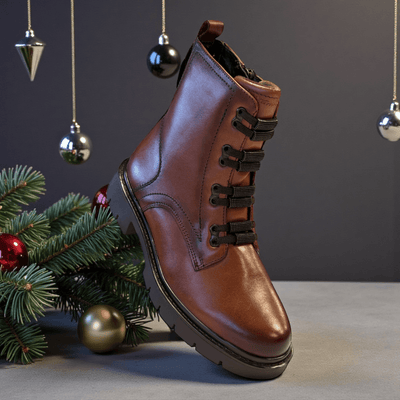 Womens Tamaris Comfort 85217 Dark Tan Leather Lace Up Biker Boots - Cognac - Dark Tan