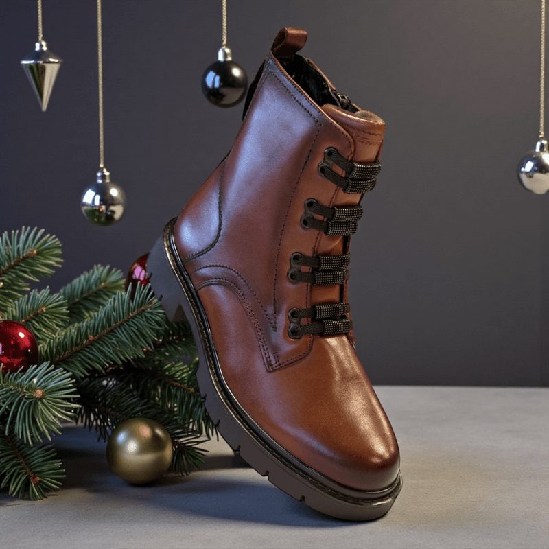 Womens Tamaris Comfort 85217 Dark Tan Leather Lace Up Biker Boots - Cognac - Dark Tan