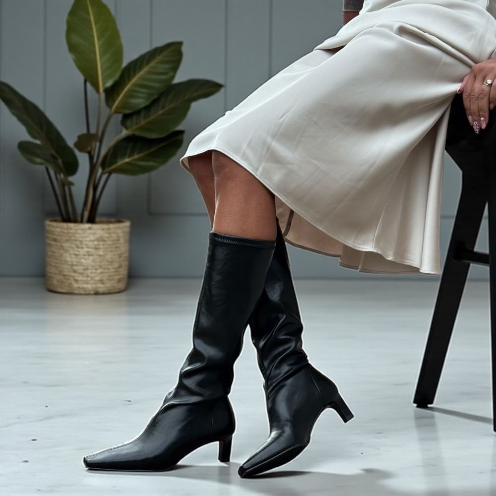 Womens Miss Elastic 78100 Faux Leather Stretch Knee Boot - Black