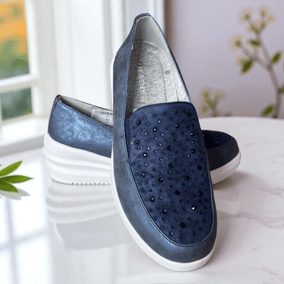 Womens Heavenly Feet Charly Navy Diamante Wedge Shoes - Navy