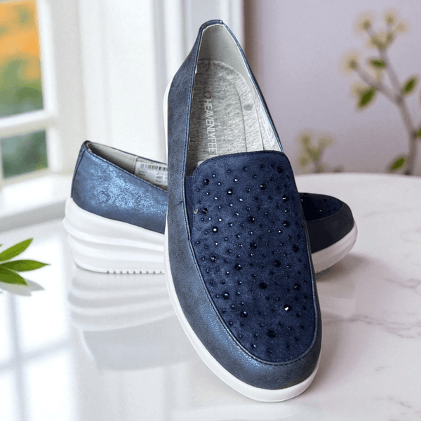 Womens Heavenly Feet Charly Navy Diamante Wedge Shoes - Navy