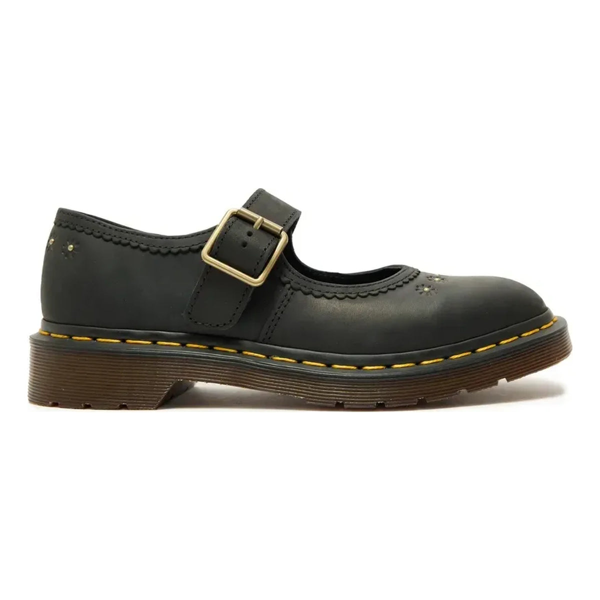 Womens Dr. Martens Mary Jane Flower Black Crazy Horse Leather Casual Shoes