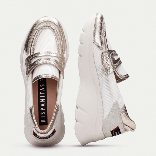 Womens Hispanitas 254001 White and Gold Chunky Sole Loafers - Habana