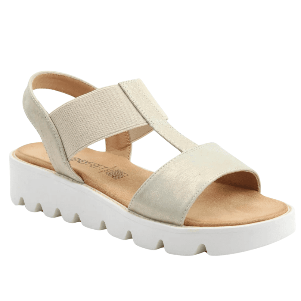 Womens Heavenly Feet Ritz Gold Shimmer T-Bar Sandals