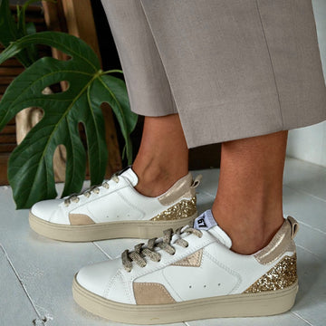 Womens Tamaris 23706 White with Gold Glitter Heel Trainers - White