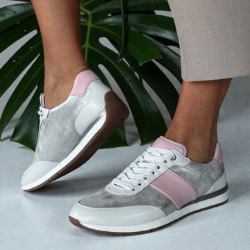 Womens Ara Portofino Dusty White Silver and Pink Lace Up Trainers - Dusty White and Pink