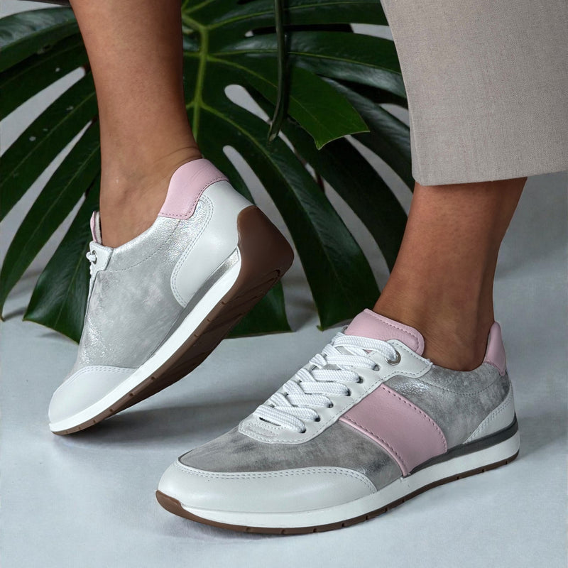 Womens Ara Portofino Dusty White Silver and Pink Lace Up Trainers - Dusty White and Pink