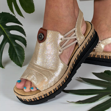 Womens Rieker V7972 Beige Wedge Sandal - Beige Gold