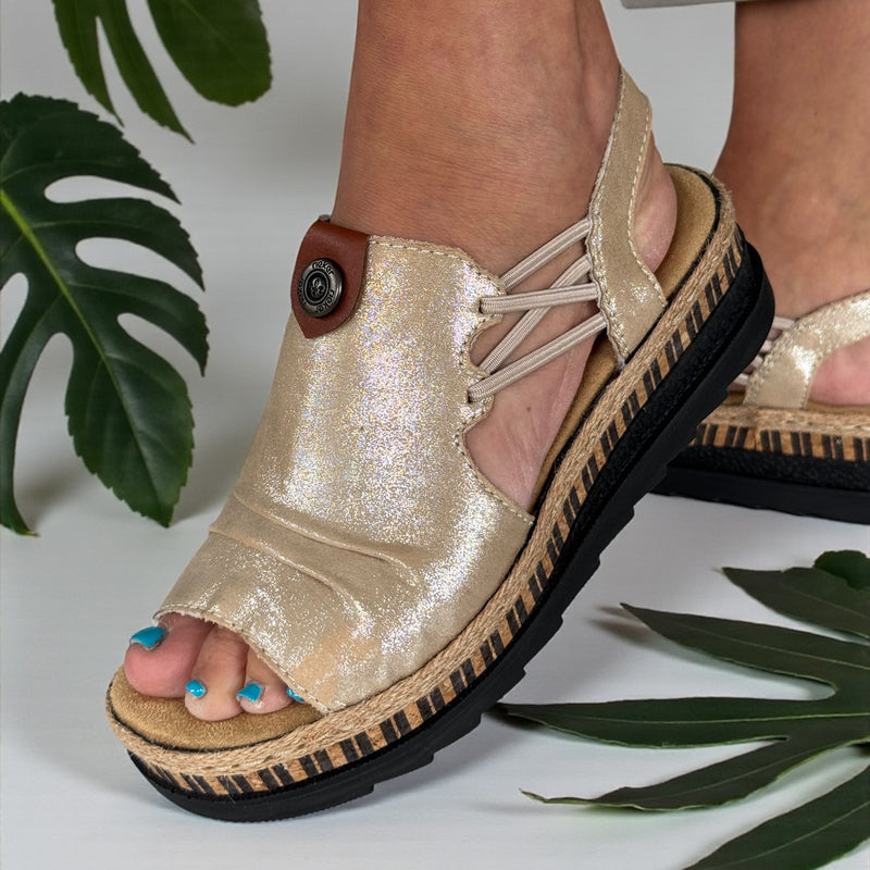 Womens Rieker V7972 Beige Wedge Sandal - Beige Gold