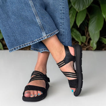 Womens Jana 28771 Diamante Diagonal Strap Comfort Sandals - Black