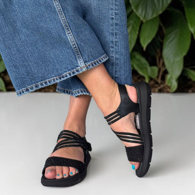Womens Jana 28771 Diamante Diagonal Strap Comfort Sandals - Black