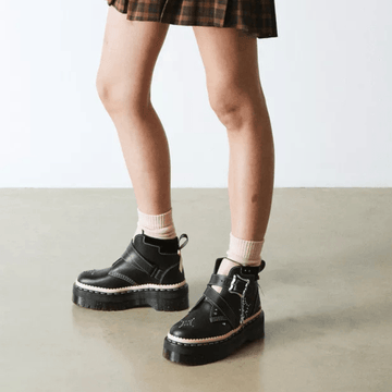 Womens Dr Martens Caitie Leather Buckle Platform Boots- Black and Pink - Black