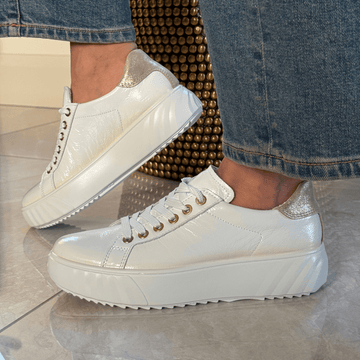 Womens Ara Monaco Platform Sole Leather Trainers - White Patent and Gold