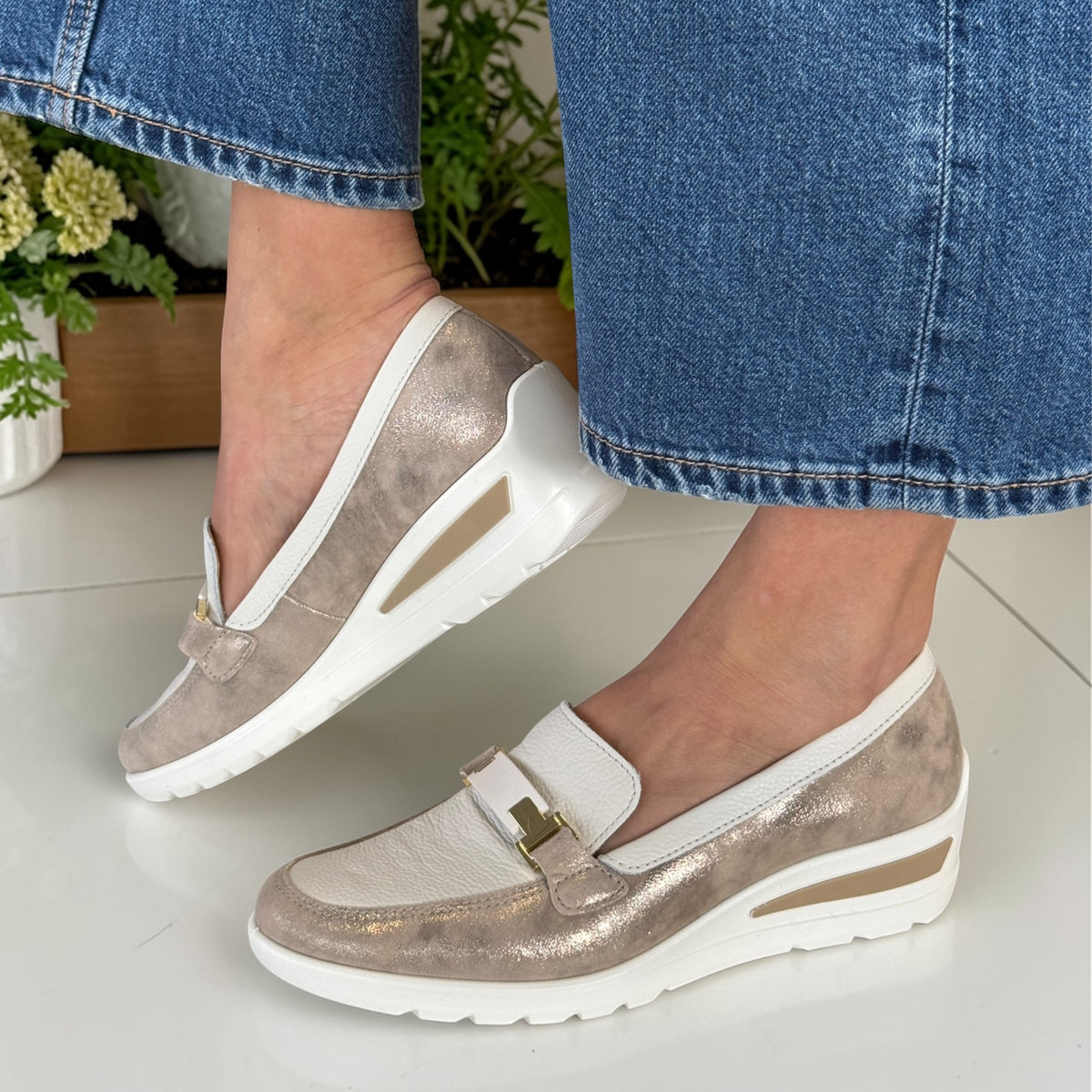Womens Ara Zurich Metallic and Cream Wedge Loafers