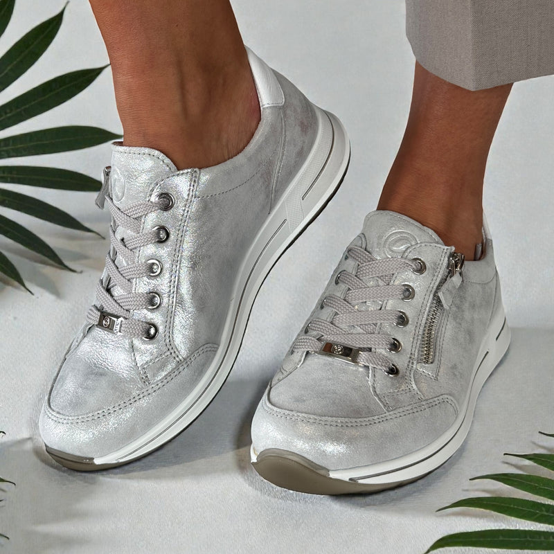Womens Ara Osaka Silver and White Metallic Lace and Side Zip Trainers - Dusty White