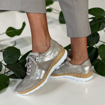Womens Rieker N4221 Grey Metallic Cork Sole Side Zip Shoes - Silver