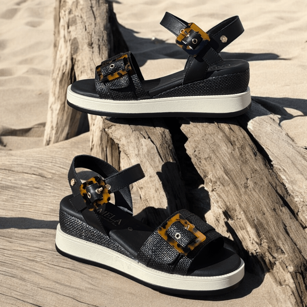 Womens Carmela 162227 Black Tortoise Shell Buckle Wedge Sandals