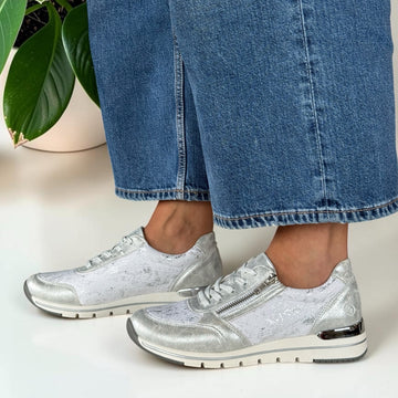 Womens Remonte R6700 Silver Print Wedge Trainers - White