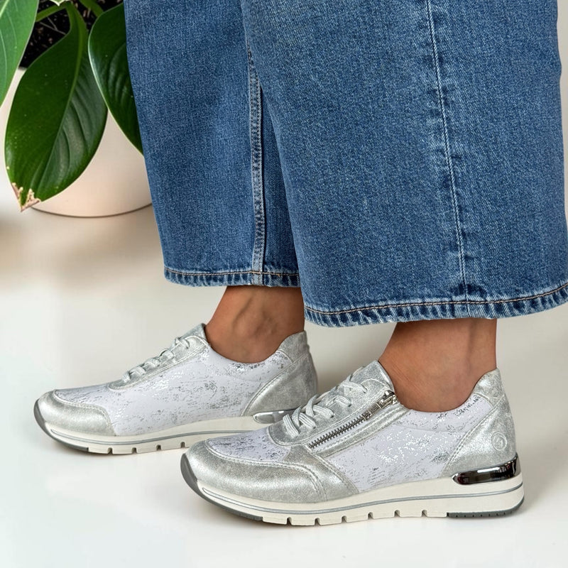 Womens Remonte R6700 Silver Print Wedge Trainers - White