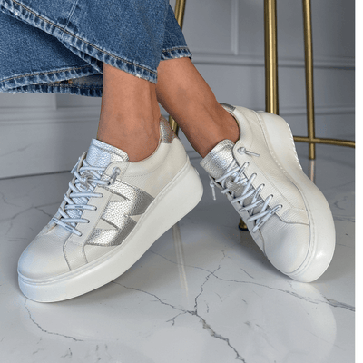 Womens Wonders A-2650 White and Silver Platform Trainers - White