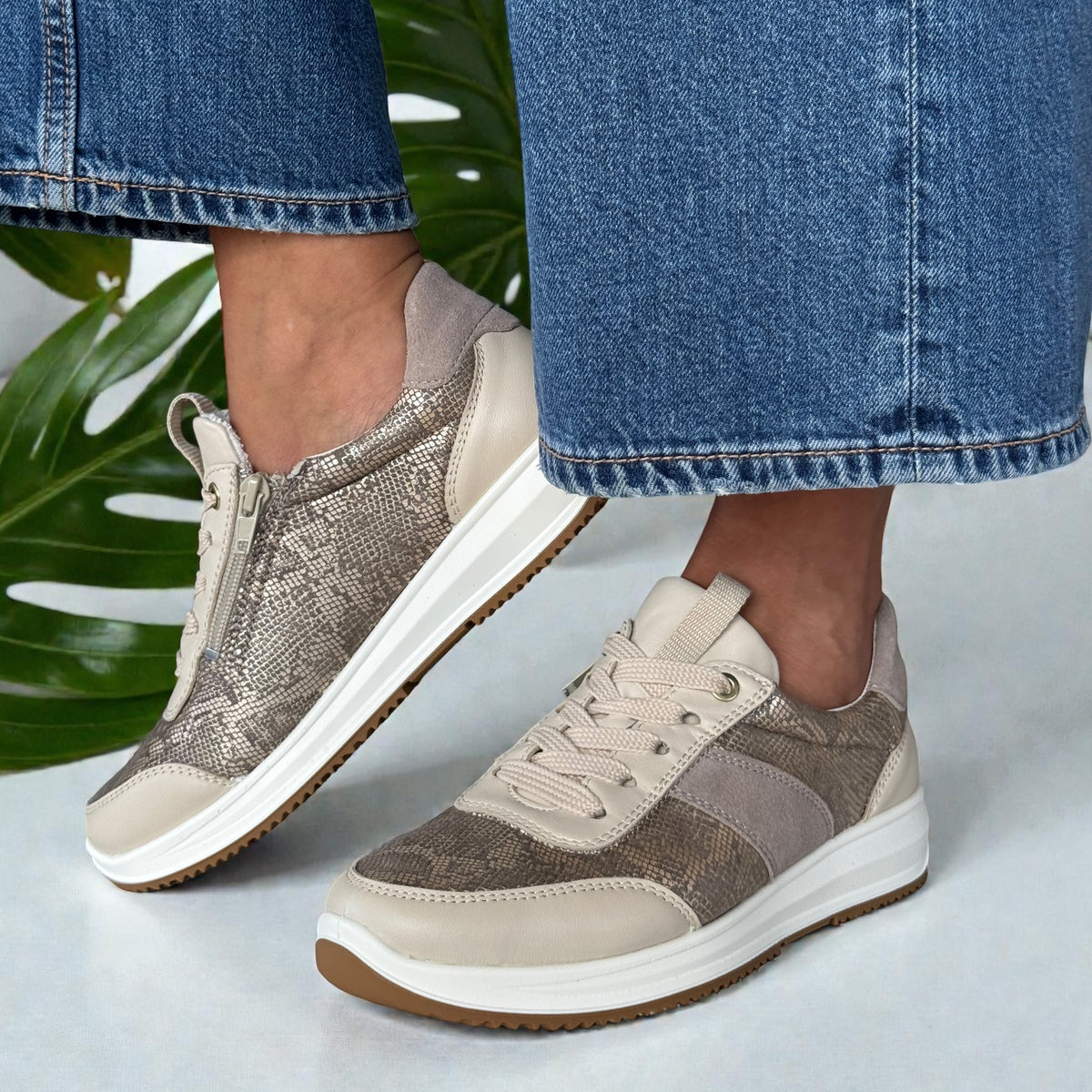 Womens Ara Osaka Taupe and Gold Snake Print Inside Zip Trainers