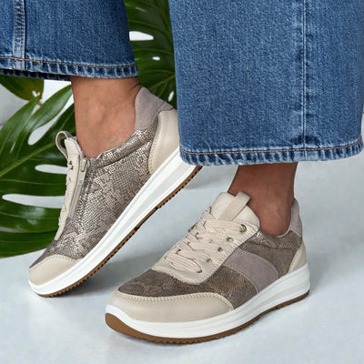 Womens Ara Osaka Taupe and Gold Snake Print Inside Zip Trainers - Beach Cashmere
