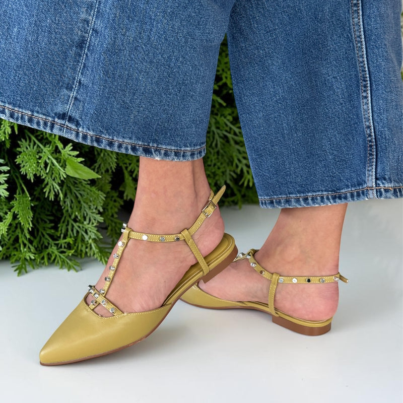 Womens Refresh 175070 T-Bar Rock Stud Ballerina Pumps - Sage