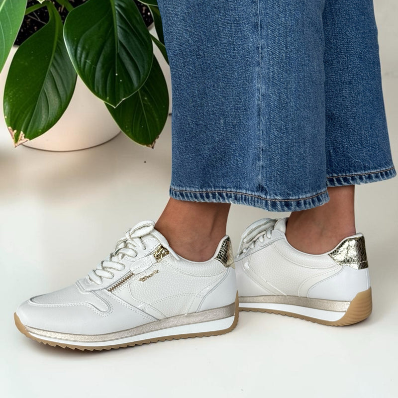 Womens Tamaris Comfort 83734 White And Gold Side Zip Trainers - White and Gold