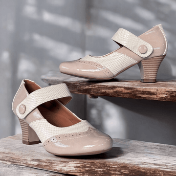 Womens Redz 61102 Beige and Taupe Mary Jane Strap Heeled Shoes - Beige Gold