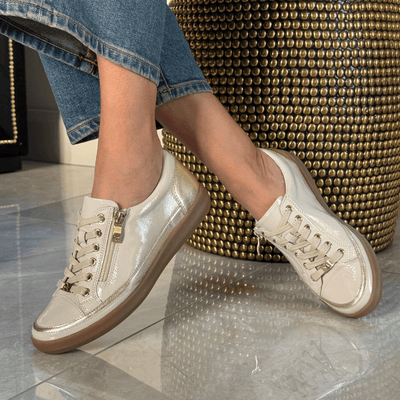 Womens Caprice 23706 Cream with Gold Side Zip Trainers - Nude Patent