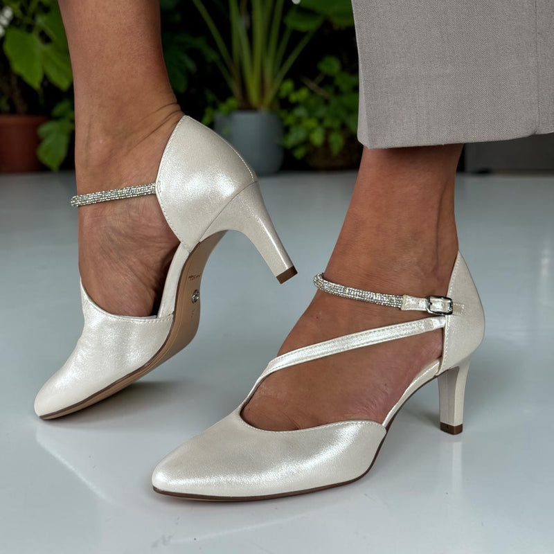 Womens Tamaris 22425 Diagonal Strap Heels - Pearl